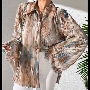 SHEIN Brown Khaki Multicolor Pleated Flare Sleeve Blouse